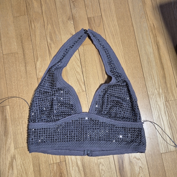 ZARA Studded Chain mail Cropped Halter Top Grey/Gunmetal Size Large - New - Picture 4 of 11